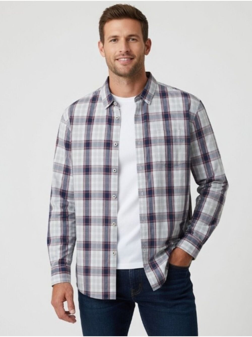 7 Diamonds Men's Generation Plaid Button-Down Shirt - White, Navy & Red Size XXL
